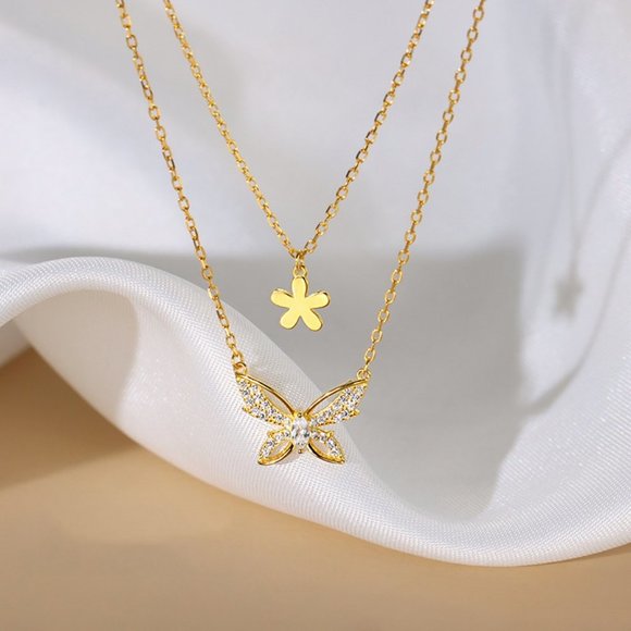 #NEW 925 Sterling Silver Diamond Butterfly Flower Double Layer Necklace - Picture 9 of 10